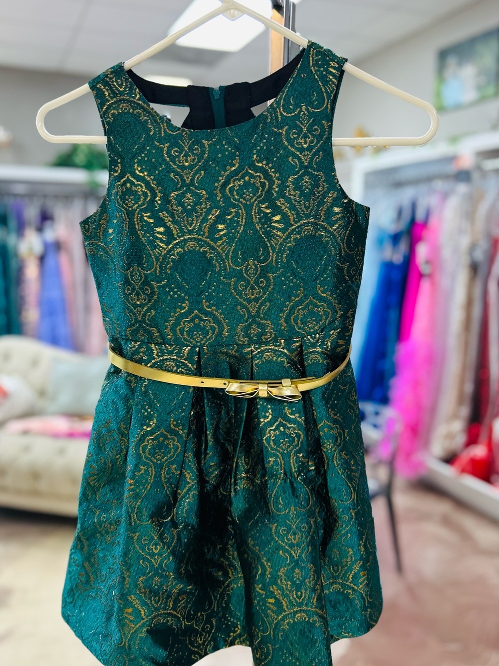 Place Shimmering Green Brocade Dress with Gold Belt